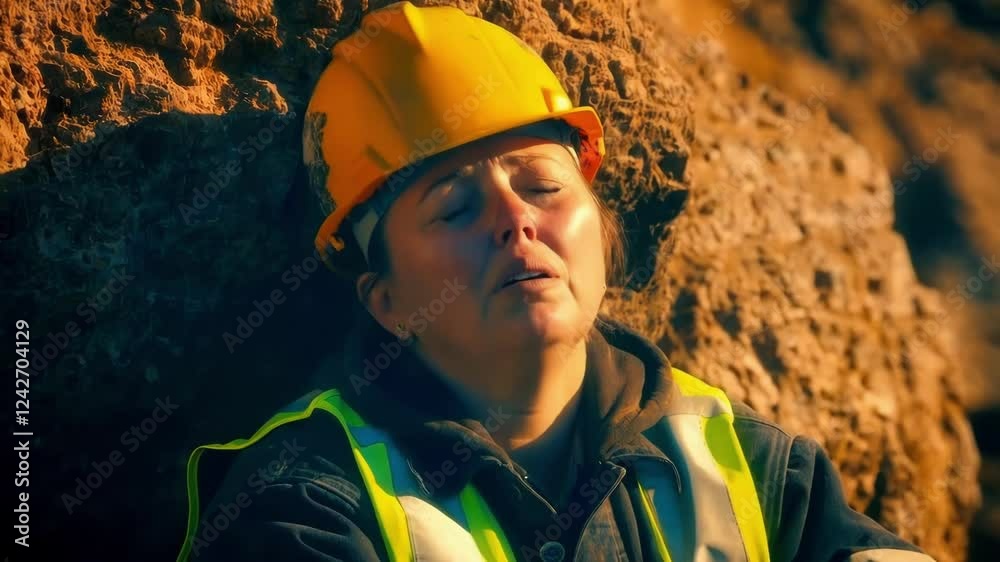 Female construction worker wearing protective gear leaning against rough rock surface, displaying physical exhaustion and professional strain during demanding workday