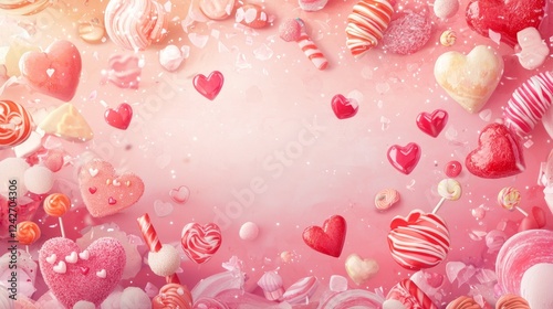 Valentine mockup card and heart background minimal. Sweet Valentine's Day Confections Arrangement in Pastel Colors Romantic Celebration Design Background.