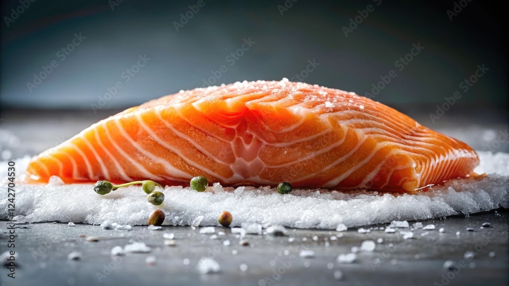 Fresh salmon fillet with visible dripping slime on a snowy white surface in a dimly lit isolated room, grocery, fish market, fishy smell Fresh salmon fillet with visible dripping slime on a snowy white surface in a dimly lit isolated room, grocery, fish market, fishy smell