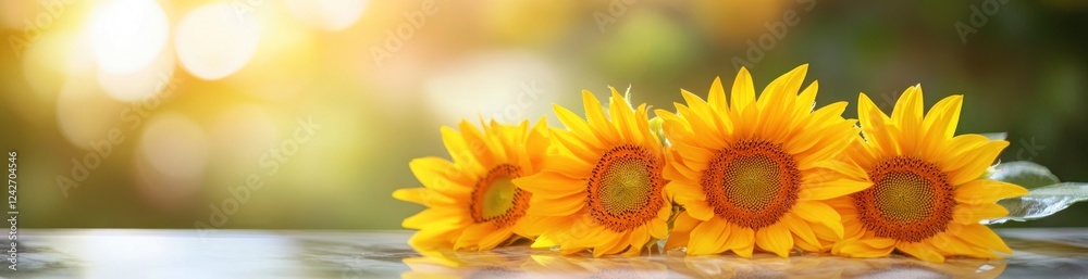 Four bright yellow sunflowers in soft sunlight, on a blurred green background. Four bright yellow sunflowers in soft sunlight, on a blurred green background.