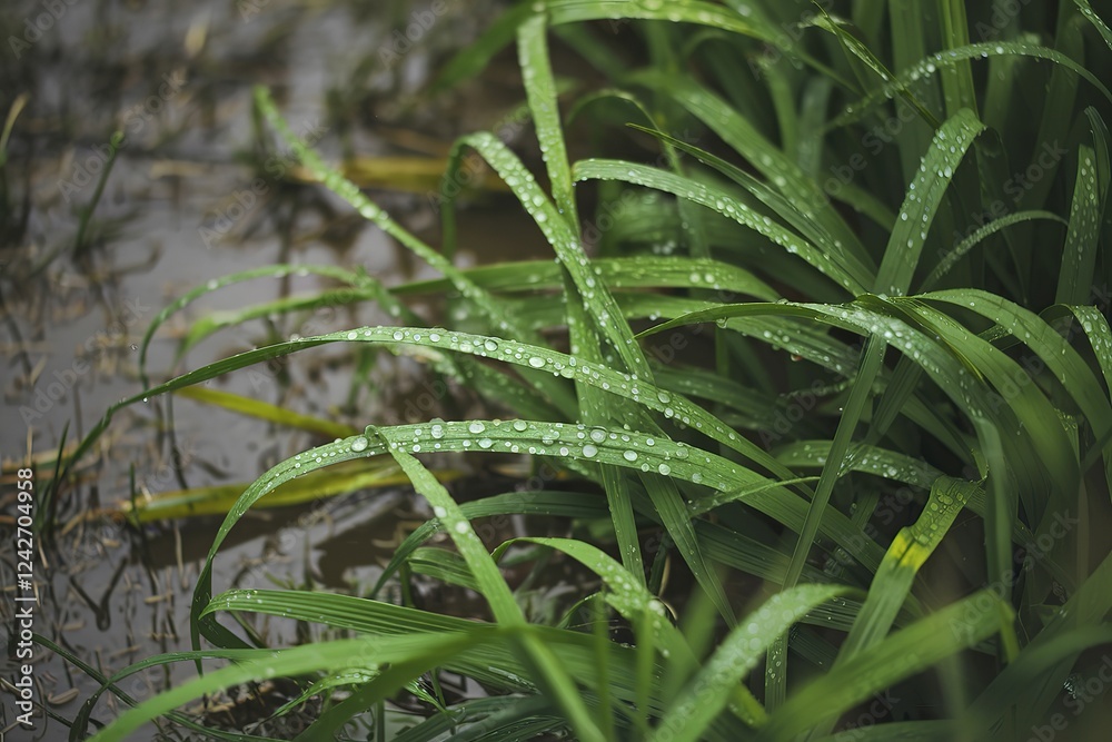 A close-up shot of fresh green grass with water droplets A close-up shot of fresh green grass with water droplets