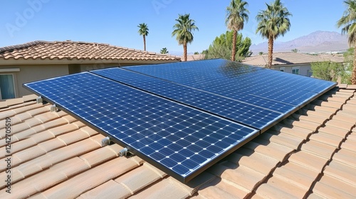 Solar Panel Installation on Residential Roof with Clear Sky and Palm Trees in Background