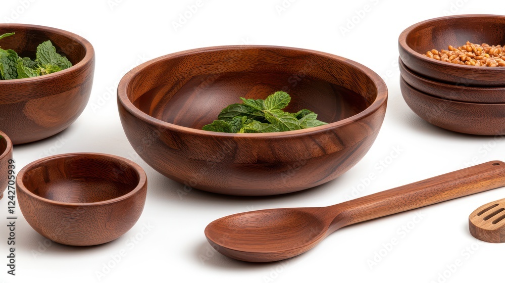 A collection of wooden bowls and utensils with fresh mint leaves, ideal for serving food. A collection of wooden bowls and utensils with fresh mint leaves, ideal for serving food.