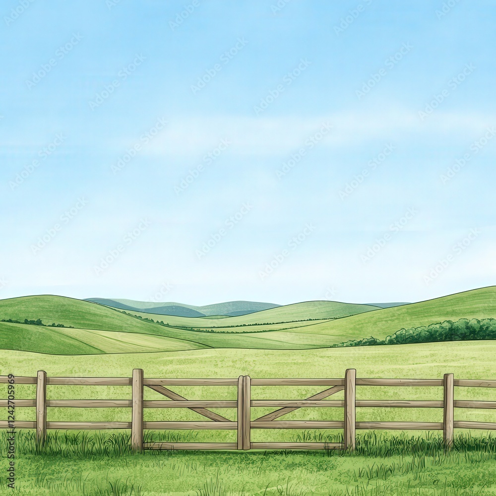 Serene Landscape with Green Hills and Wooden Fence Serene Landscape with Green Hills and Wooden Fence
