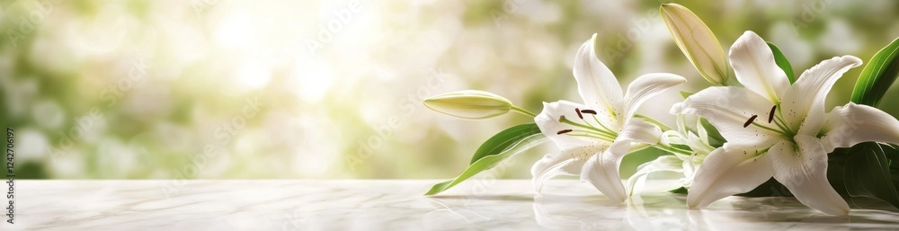 White lilies on a bright marble surface with a blurred green background. White lilies on a bright marble surface with a blurred green background.
