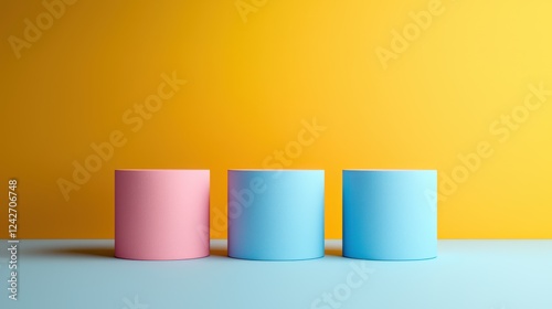 Three cylindrical objects in pink and blue against a vibrant yellow background.