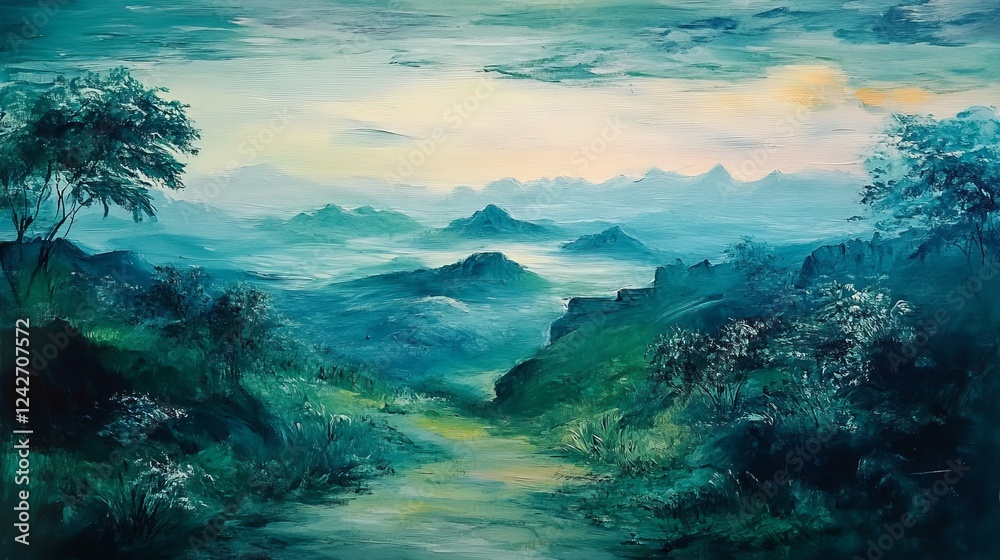Serene landscape with rolling hills and distant mountains under a gentle sky during dusk Serene landscape with rolling hills and distant mountains under a gentle sky during dusk