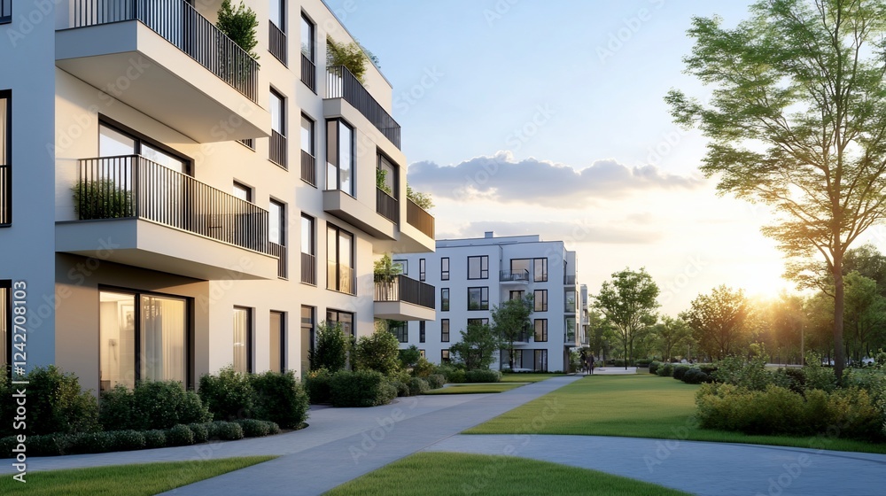 Modern apartments sunset, landscaped walkway Modern apartments sunset, landscaped walkway