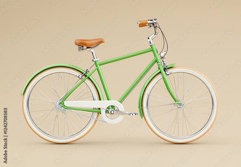 Pastel Green Bicycle with Brown Leather Seat on Beige Background Pastel Green Bicycle with Brown Leather Seat on Beige Background
