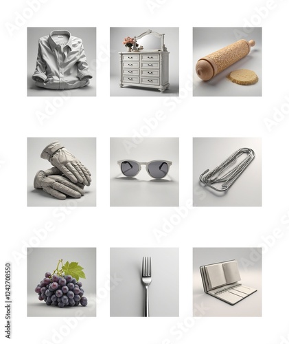 A grid showcases nine distinct objects: a folded shirt, dresser with drawers, rolling pin, gloves, sunglasses, hanger, grapes, fork, and open book, all against plain backgrounds. photo