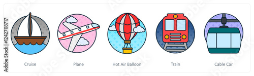 A set of 5 Travel icons as cruise, plane, hot air balloon