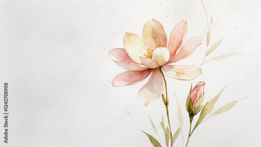 Fototapeta premium Soft pink flower blooming elegantly with delicate petals and green stems in a serene watercolor style