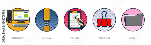 A set of 5 Business icons as computer, pen drive, checklist