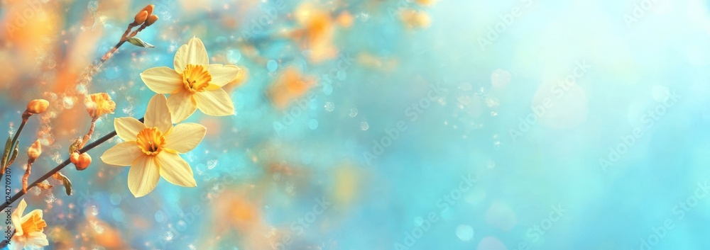 Fototapeta premium Spring blossoms, daffodils, light blue background.