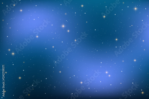 Dreamy vector illustration of a glowing night sky with sparkling stars, blue gradient, and cosmic elements. Magical celestial backdrop inspired by the universe.