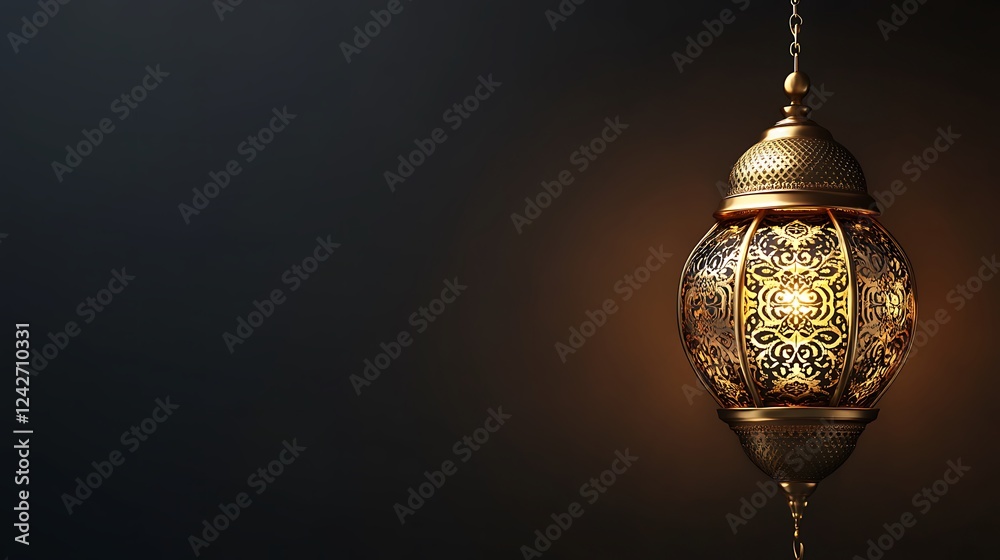 Ornate Metal Lantern Hanging Against Dark Background Ornate Metal Lantern Hanging Against Dark Background