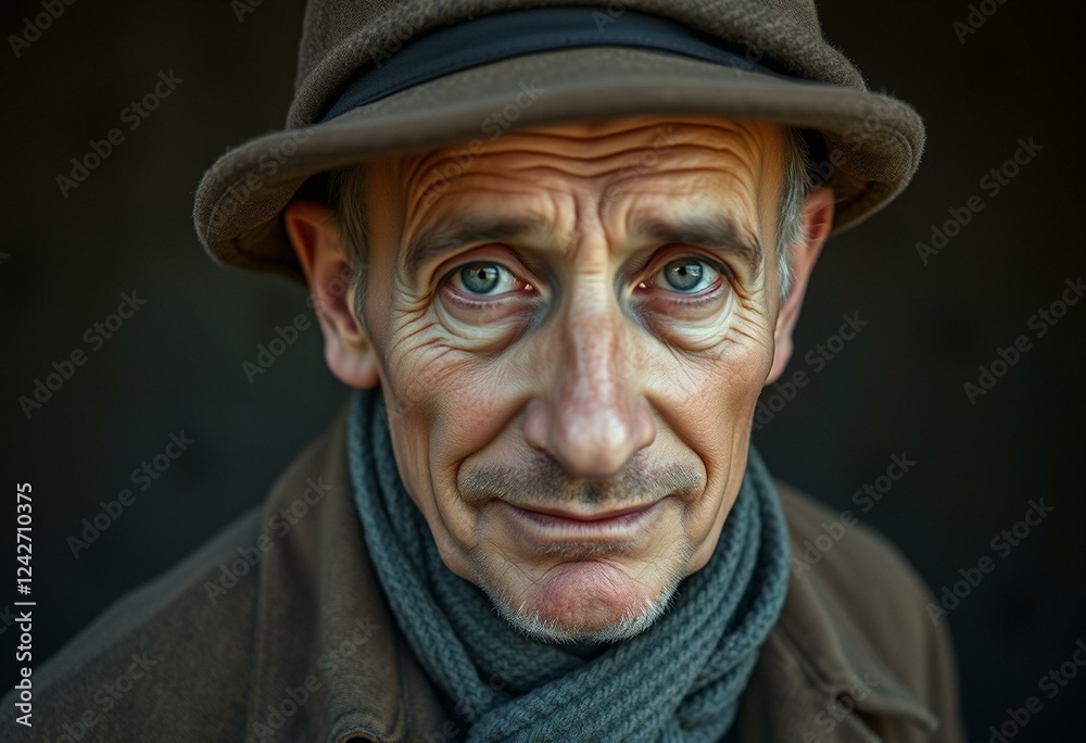 Photorealistic portrait of a poor man with a worn-out coat and hat Photorealistic portrait of a poor man with a worn-out coat and hat