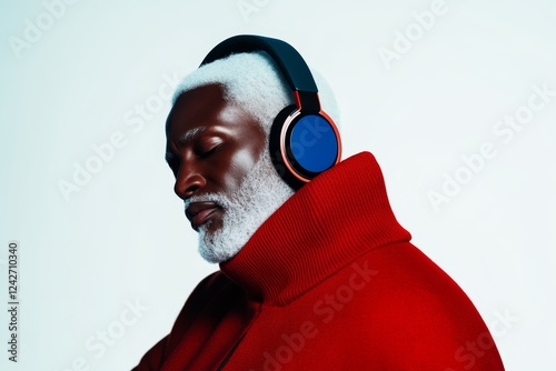 Stylish man with white hair and beard wearing headphones, enjoying music while dressed in a bright red sweater