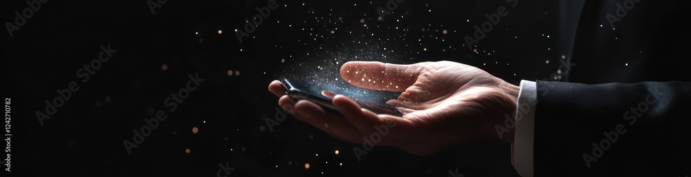 Fototapeta premium Hand holding smartphone with glowing particles.