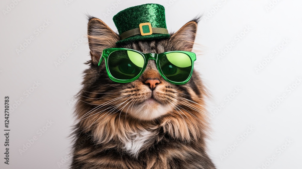 Fototapeta premium A stylish tabby cat dressed in a green hat and round sunglasses, posing confidently against a white studio background. This fashionable feline brings a fun and quirky attitude to a festive St. Patrick