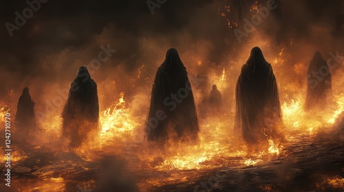 Infernal Procession: Figures in Burning Landscape