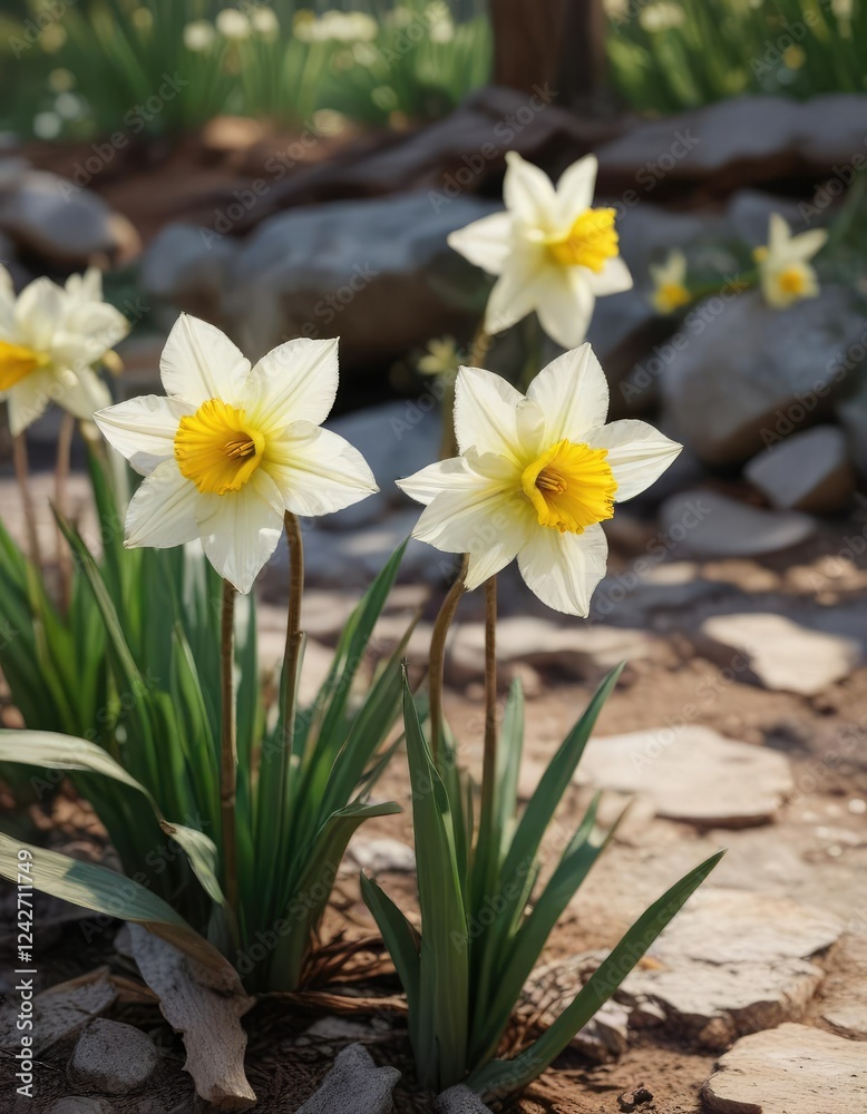 Withered narcissus blooms in a natural outdoor setting, flora, withering, foliage, decay, petals