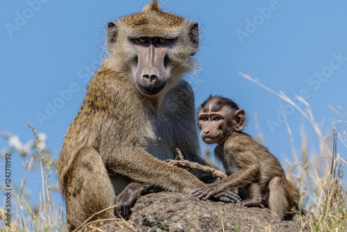 Adult and baby baboon sitting on a rock against a clear blue sky.