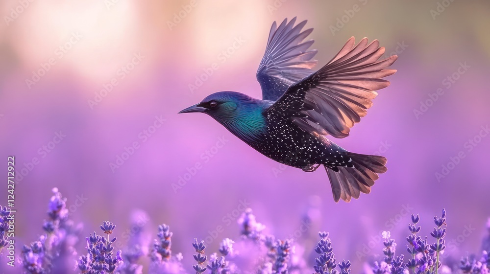 Fototapeta premium A vibrant purple bird in flight over a lavender field at sunrise.
