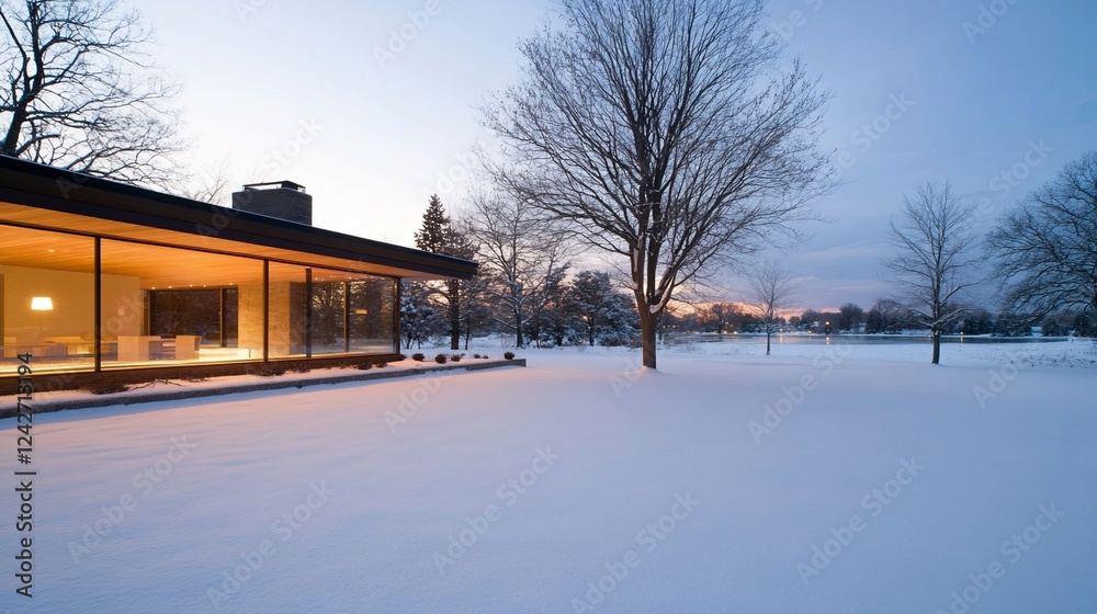 Modern house, snowy yard, twilight Modern house, snowy yard, twilight