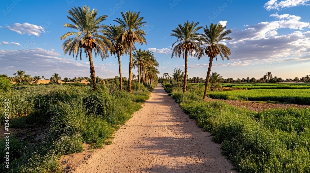 Serene Pathway Through Palm Trees Leading to Lush Green Fields Under Scenic Blue Sky Serene Pathway Through Palm Trees Leading to Lush Green Fields Under Scenic Blue Sky