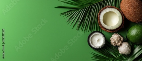 A vibrant arrangement of coconuts, limes, and cream on a green background.