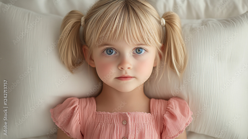 Cheerful little girl with blonde pigtails playing with a doll in a bright and colorful room Cheerful little girl with blonde pigtails playing with a doll in a bright and colorful room