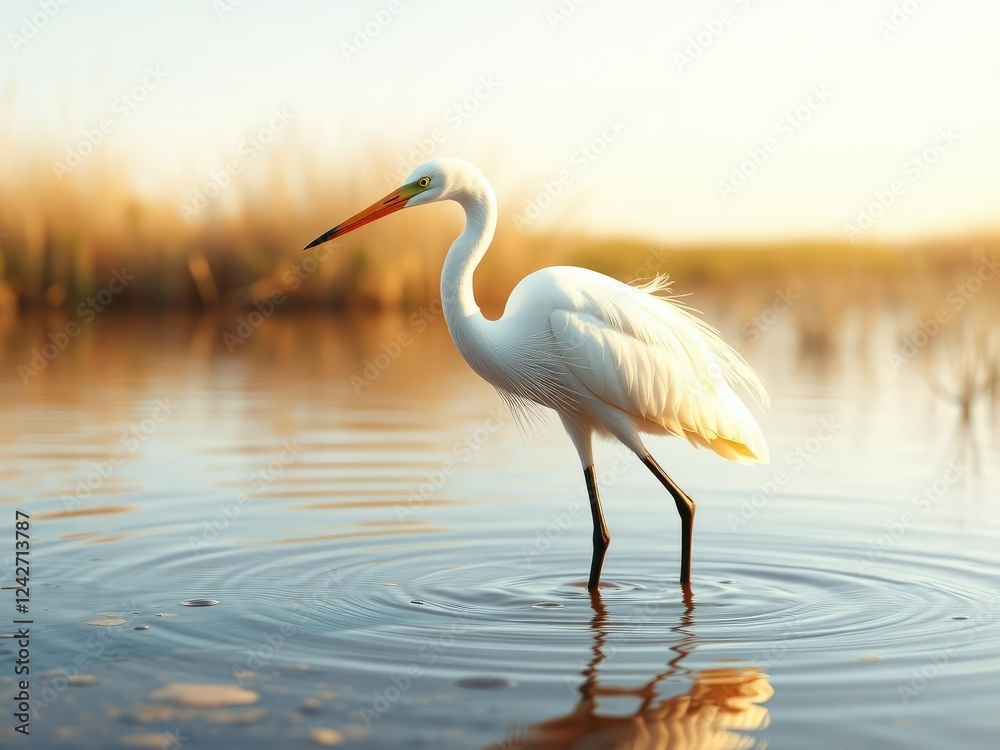 Fototapeta premium White egret wading through shallow waters with its long neck, bird in wade, aquatic life, white egret