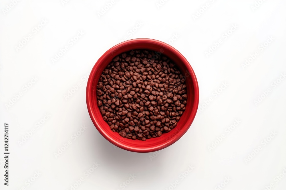 Red bowl of brown pet food on white Red bowl of brown pet food on white