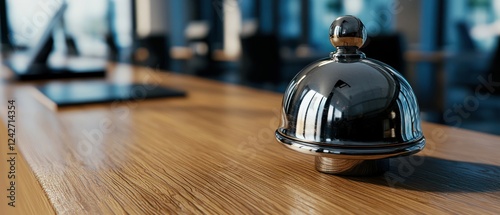 A close-up of a shiny service bell on a wooden counter in a modern office setting.