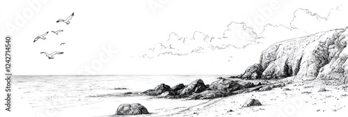 Seascape Drawing Of Birds Flying Over Rocky Coastline photo