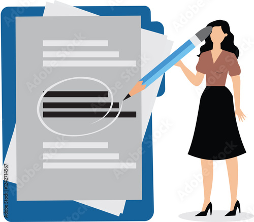 Highlight important note, serious essential word in highlight circle or underline, marked critical, vital or significant, spotlight attention concept, businesswoman highlight pen circle important note