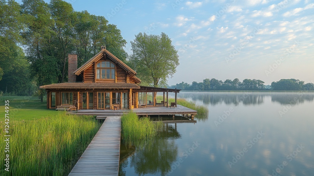 Fototapeta premium Lakeside log cabin sunrise, tranquil waterfront, peaceful morning, real estate