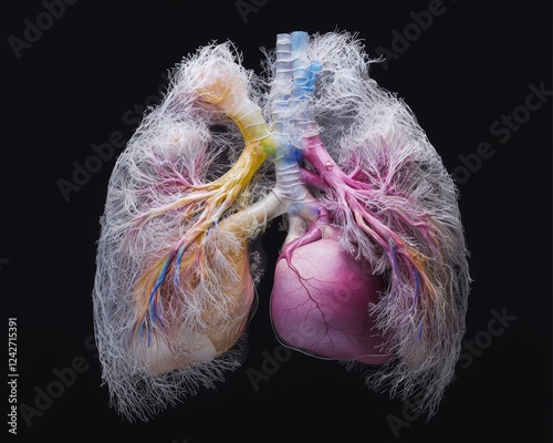 Medical-grade cross-sectional image of the chest cavity displaying the heart, lungs, trachea, and diaphragmatic structure.