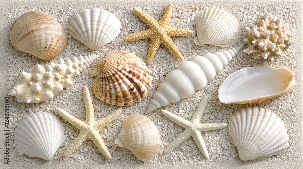 A collection of seashells and starfish arranged on a sandy background. A collection of seashells and starfish arranged on a sandy background.
