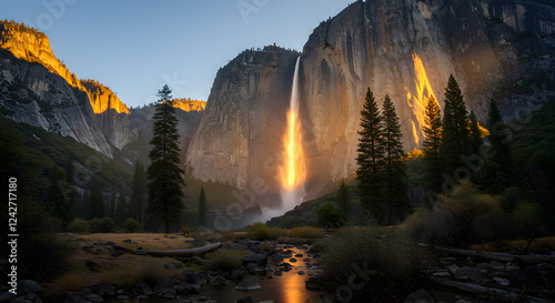 Majestic Yosemite Falls Firefall at Sunset: A Breathtaking Natural Spectacle in California photo