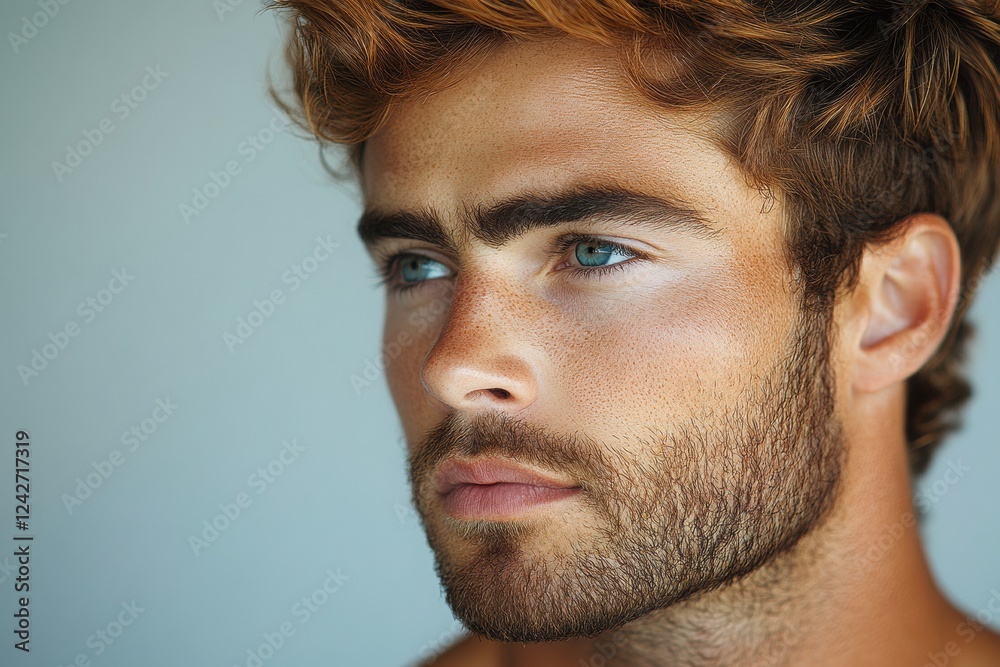 Fototapeta premium A close-up of a young man with striking blue eyes, tousled brown hair, and a defined jawline, exuding a confident and contemplative expression.