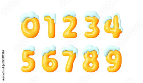 3d winter number from 1 to 10 isolated. Yellow balloon number under snow cap. Winter decoration element for holiday design, Christmas, New Year card. Cartoon vector illustration