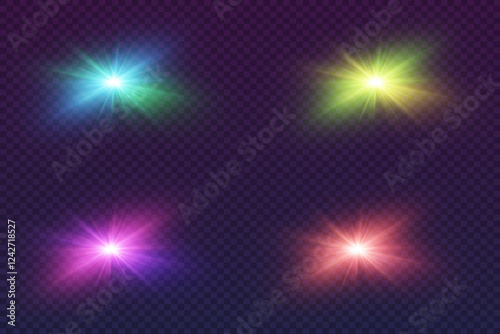 Set of realistic light flares, neon flashes of stars and light. Vector illustration