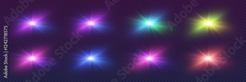 Set of realistic light flares, neon flashes of stars and light. Vector illustration