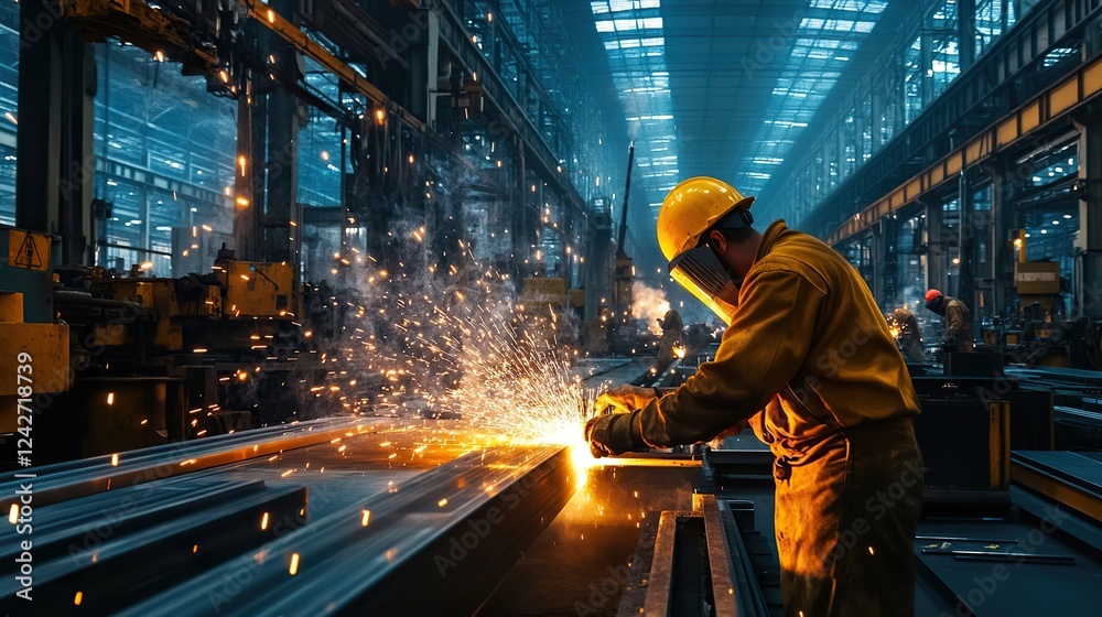 A metal fabrication plant where workers shape and weld steel for industrial projects. A metal fabrication plant where workers shape and weld steel for industrial projects.