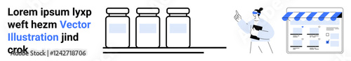 Person gesturing towards jars on shelf and storefront infographic. Ideal for presentations, e-commerce, marketing strategies, product displays, business concepts, educational content, online shopping