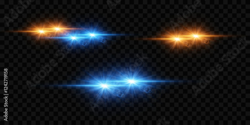 Collection of light effects and glare, light flash of stars. On a transparent background.
