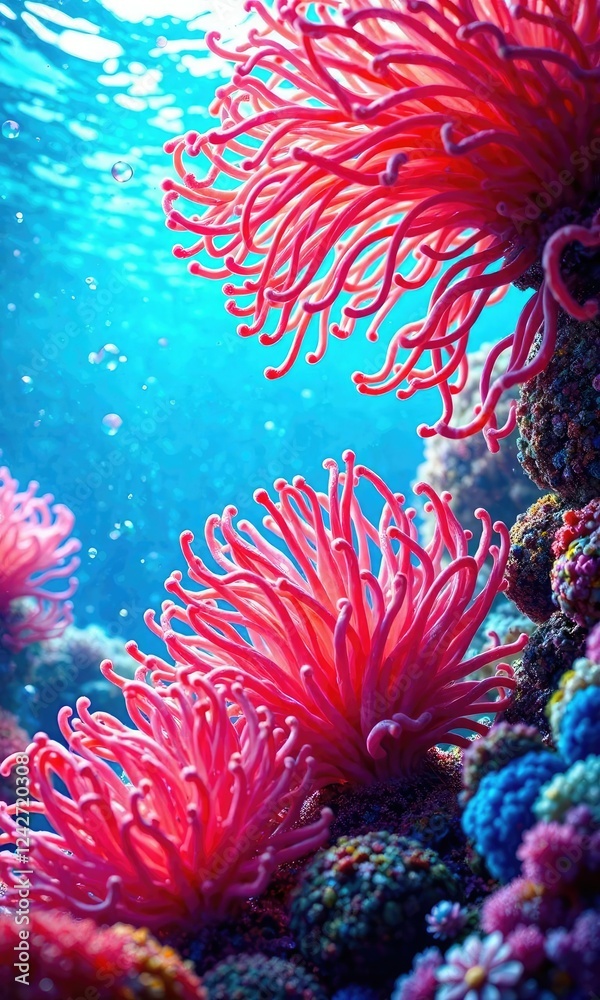 Obraz premium Vibrant sea anemones waving in the ocean current, underwater scene, ocean ecosystem