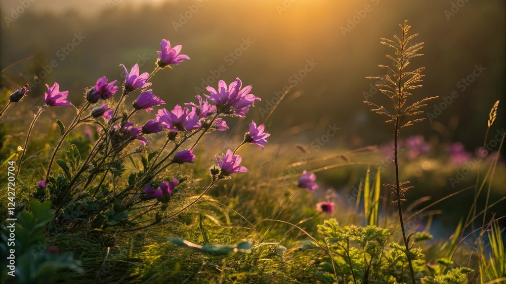 Obraz premium Vibrant purple flowers set against a backdrop of muted green foliage with a warm golden light illuminating the scene, floral arrangements, purple flowers, sunny day, garden blooms, muted green